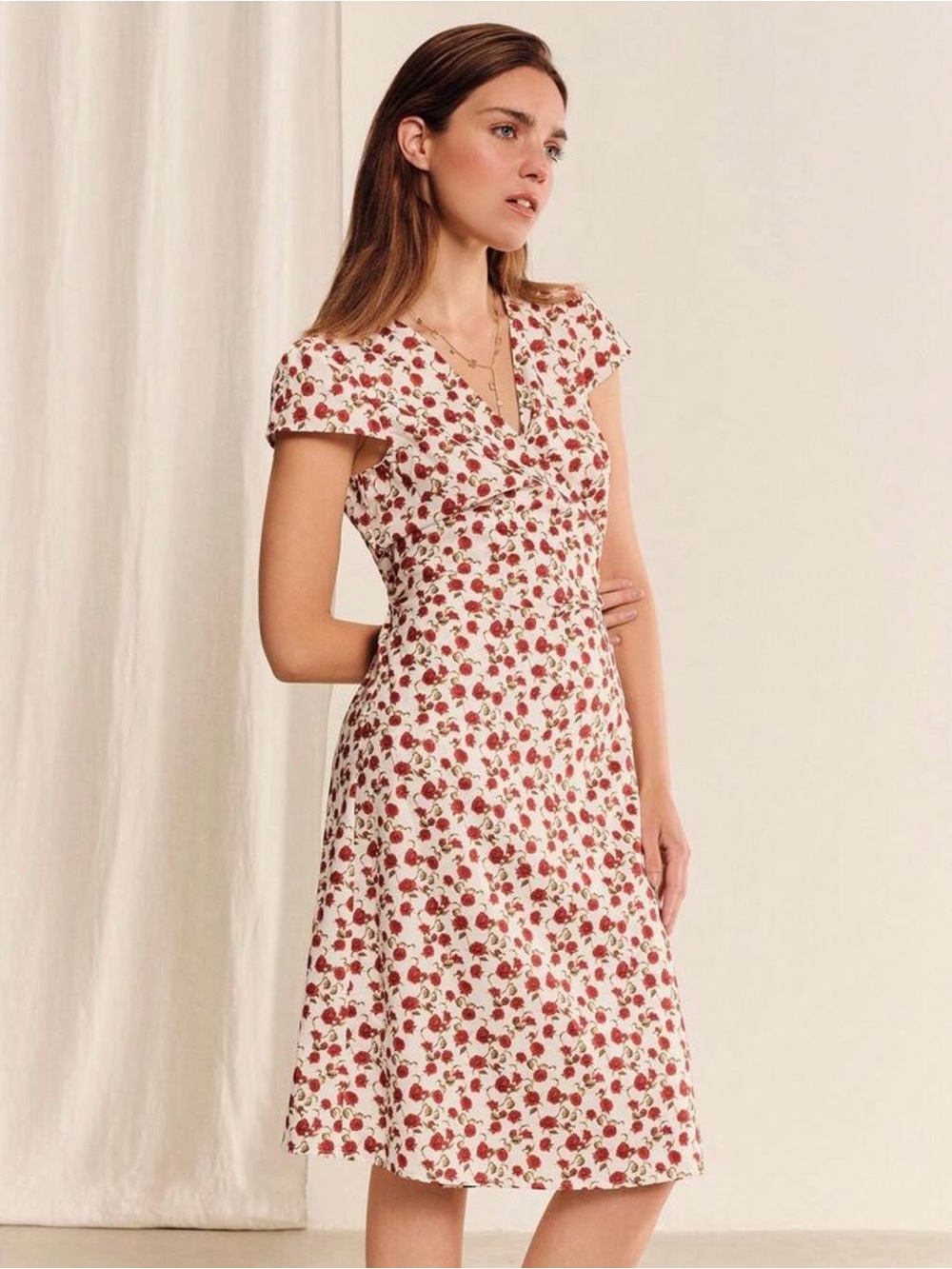 V-Neck Red Floral Midi Dress in White